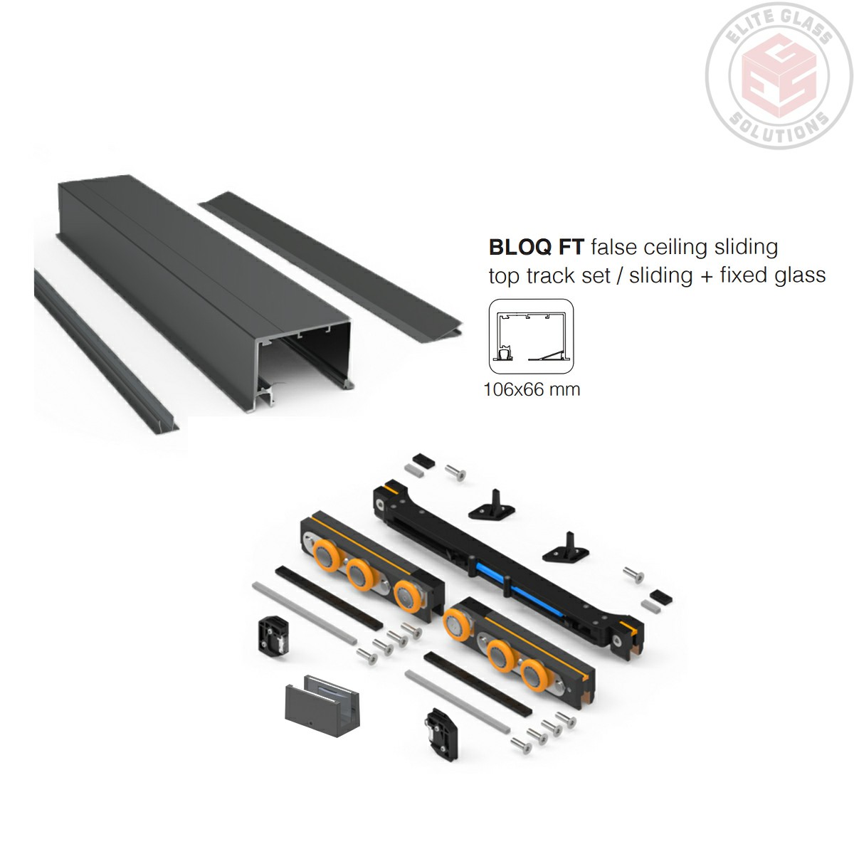 BLOQ FT KIT - False Ceiling Sliding Top Track Set / Sliding + Fixed Glass Black